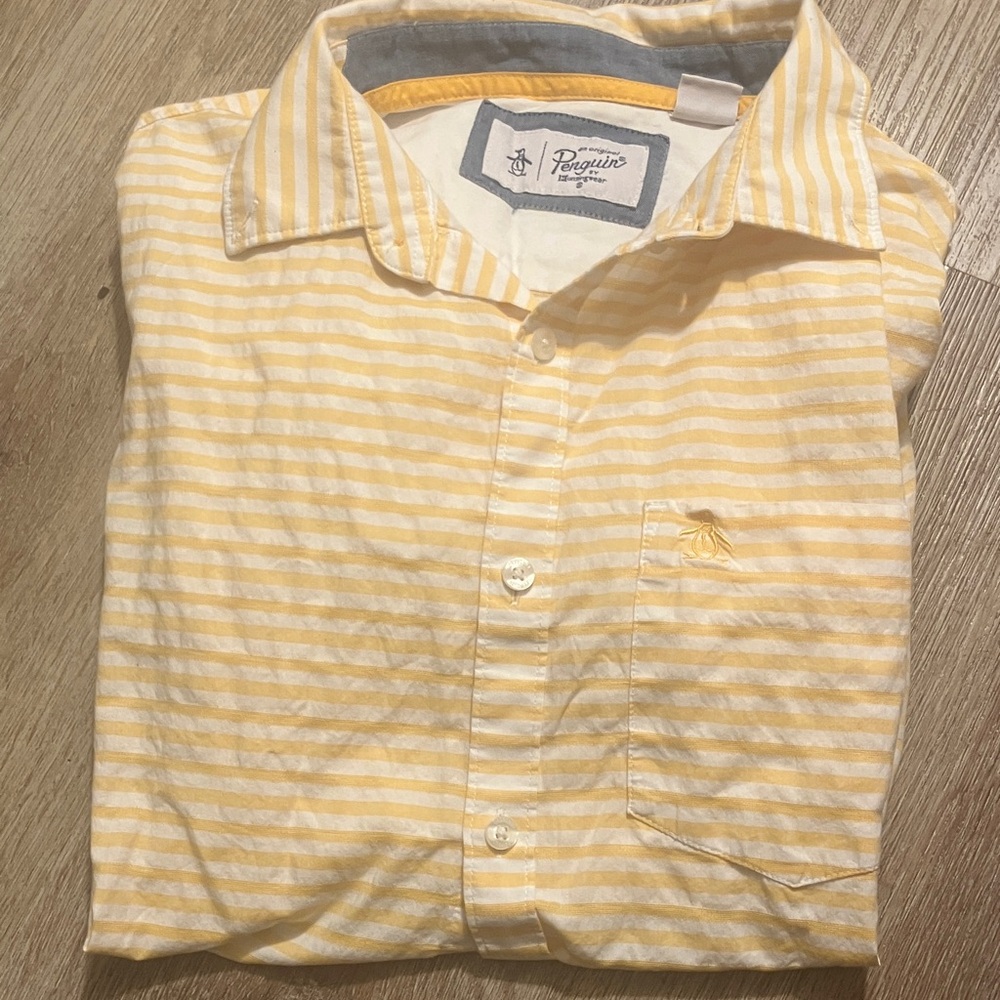 Penguin Men's Yellow and White Striped Casual Shirt